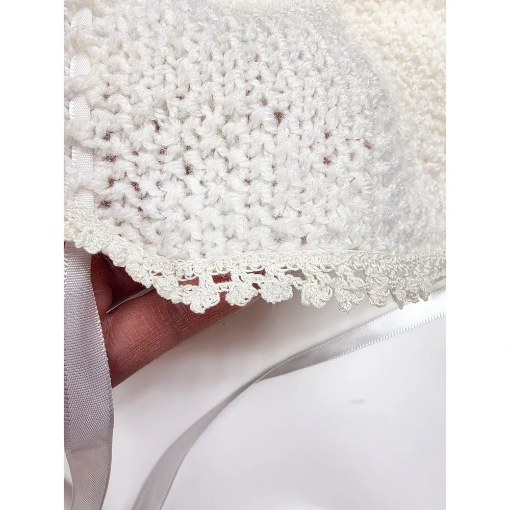 Artisan Crochet Lace Trim Christening Gown Dress w/ Bonnet‎ Baby Size 6-9 months